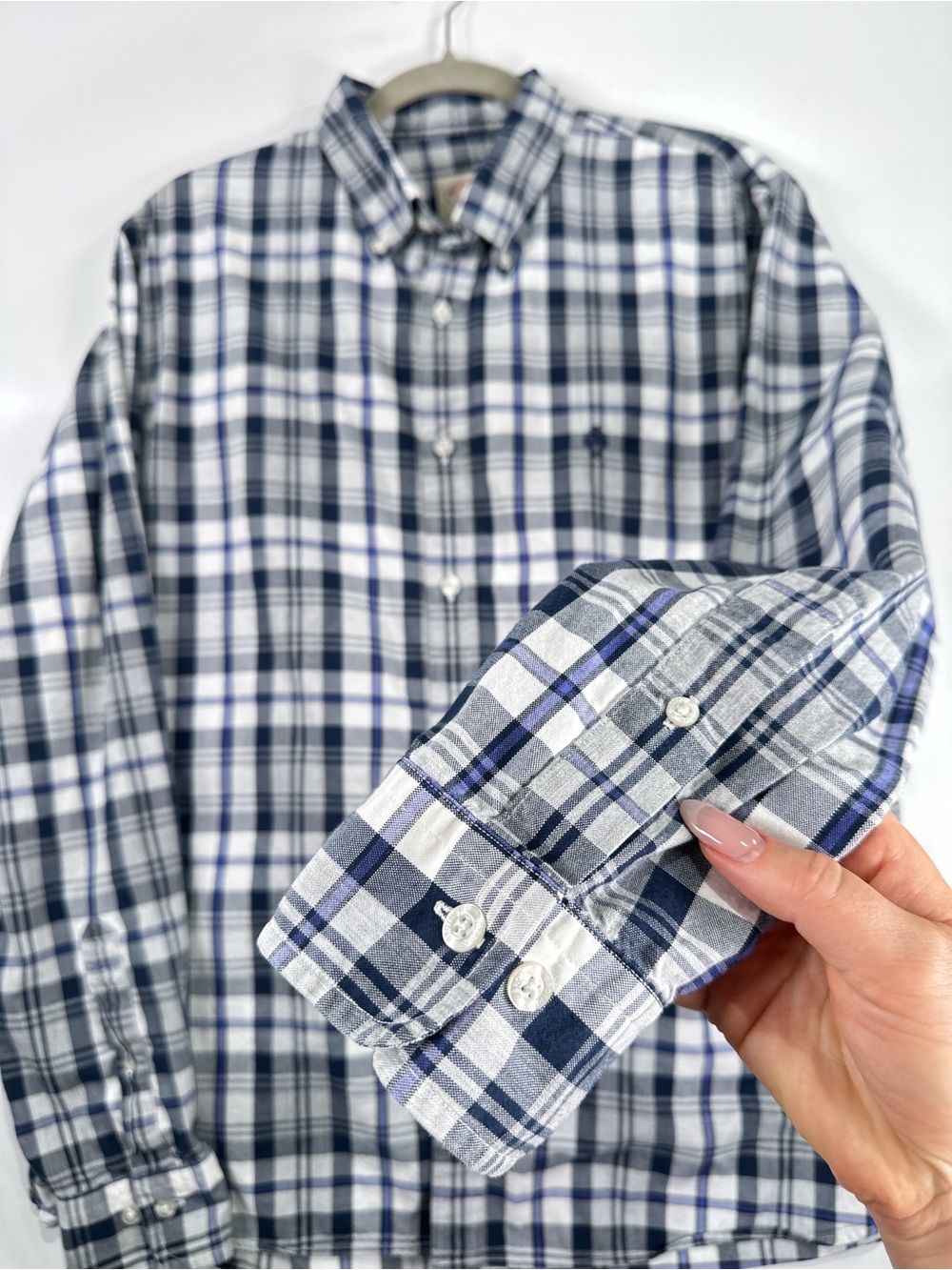 Brooks Brothers Red Fleece Plaid Button Down Shirt Cotton Navy Light Blue L - Picture 6 of 10